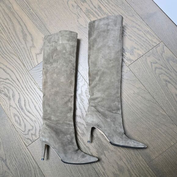 Tamara Mellon Icon 75 Knee High Nappa Suede Heeled Slouch Boot in Moss Gray - Picture 11 of 14